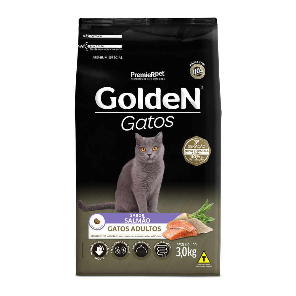 7897348203438_0 Ração Golden para Gatos Adultos Sabor Salmão 3 kg - Imagem 1